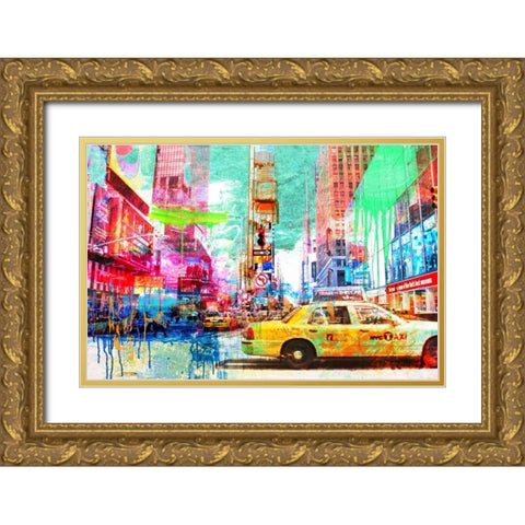 Taxis in Times Square 2.0 Gold Ornate Wood Framed Art Print with Double Matting by Chestier, Eric