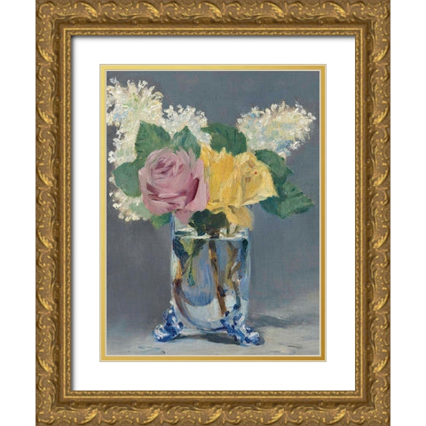 Lilas et roses Gold Ornate Wood Framed Art Print with Double Matting by Manet, Edouard