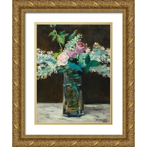 Vase of White Lilacs and Rose Gold Ornate Wood Framed Art Print with Double Matting by Manet, Edouard