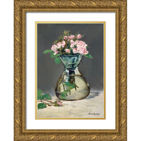 Moss Roses in a Vase Gold Ornate Wood Framed Art Print with Double Matting by Manet, Edouard