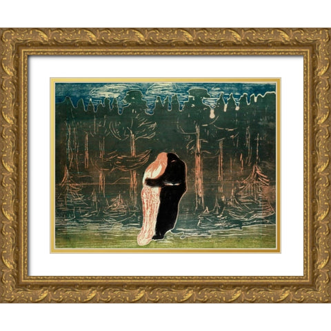 Lovers Gold Ornate Wood Framed Art Print with Double Matting by Munch, Edvard