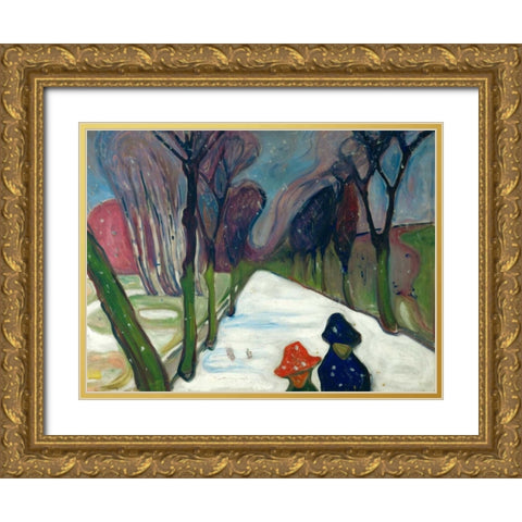 Avenue in the Snow Gold Ornate Wood Framed Art Print with Double Matting by Munch, Edvard