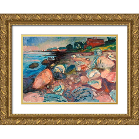 Shore with Red House Gold Ornate Wood Framed Art Print with Double Matting by Munch, Edvard
