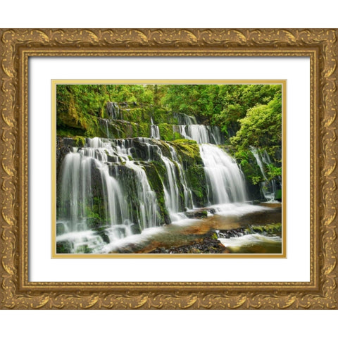 Waterfall Purakaunui Falls, New Zealand Gold Ornate Wood Framed Art Print with Double Matting by Krahmer, Frank