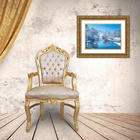 Winter landscape at Loisach, Germany Gold Ornate Wood Framed Art Print with Double Matting by Frank, Krahmer