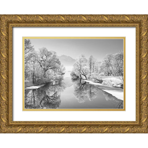 Winter landscape at Loisach, Germany (BW) Gold Ornate Wood Framed Art Print with Double Matting by Frank, Krahmer