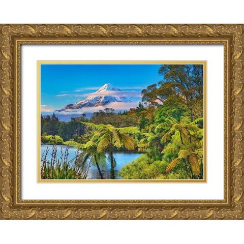 Taranaki Mountain and Lake Mangamahoe- New Zealand Gold Ornate Wood Framed Art Print with Double Matting by Krahmer, Frank