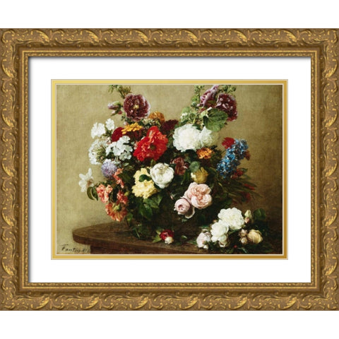 Bouquet of Various Flowers Gold Ornate Wood Framed Art Print with Double Matting by Fantin-Latour, Henri