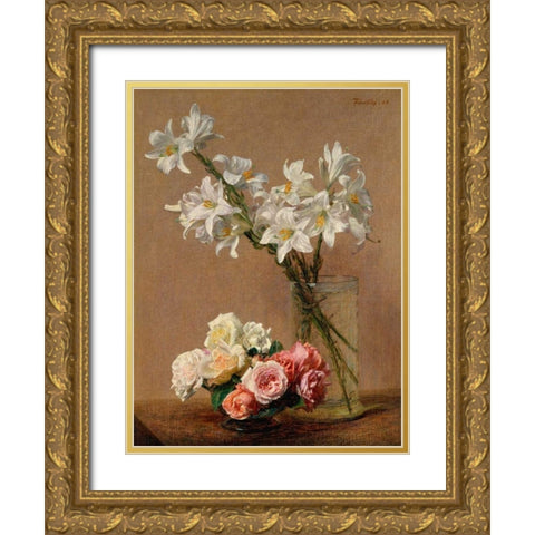 Roses and Lilies Gold Ornate Wood Framed Art Print with Double Matting by Fantin-Latour, Henri