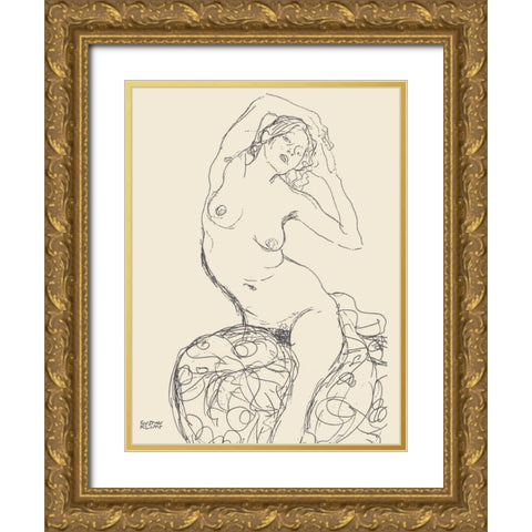 Seated Nude Woman Gold Ornate Wood Framed Art Print with Double Matting by Klimt, Gustav