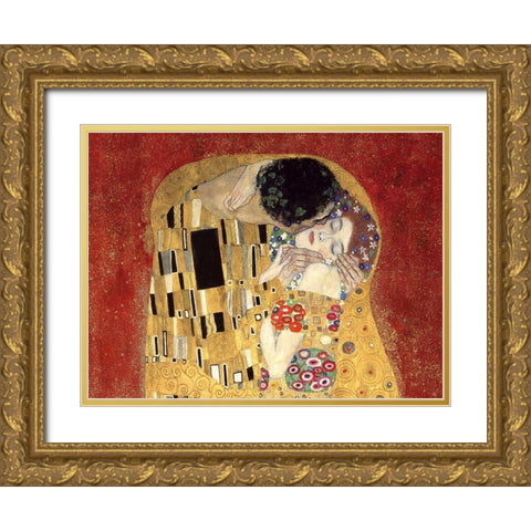 The Kiss, detail (Red variation) Gold Ornate Wood Framed Art Print with Double Matting by Gustav, Klimt