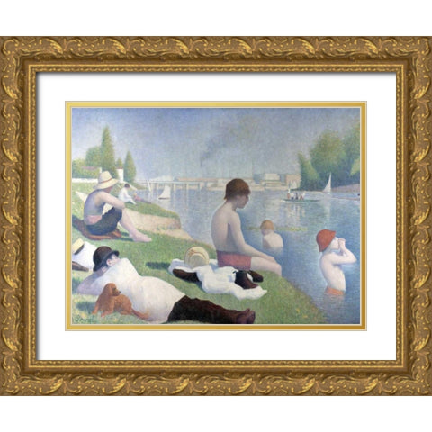 Bathers at Asnieres Gold Ornate Wood Framed Art Print with Double Matting by Seurat, Georges