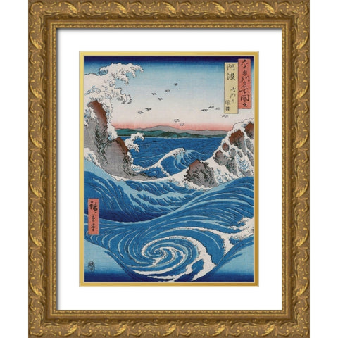 Naruto Whirlpools, Awa Province Gold Ornate Wood Framed Art Print with Double Matting by Hiroshige, Ando