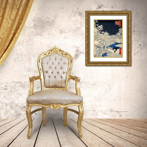 Drum bridge at Meguro and Sunset Hill Gold Ornate Wood Framed Art Print with Double Matting by Hiroshige, Ando