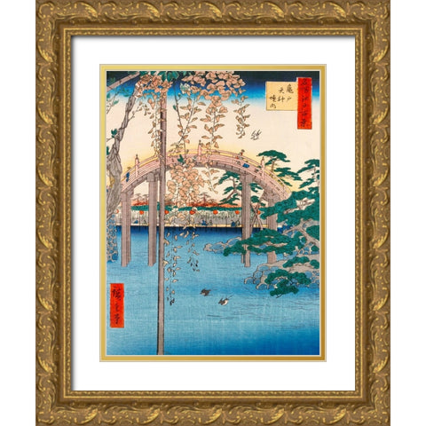 Wisteria at Kameido Tenjin Shrine Gold Ornate Wood Framed Art Print with Double Matting by Hiroshige, Ando