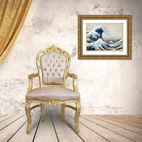 The Wave off Kanagawa Gold Ornate Wood Framed Art Print with Double Matting by Hokusai