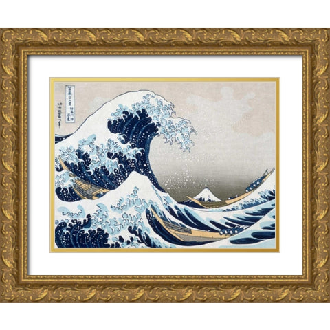 The Wave off Kanagawa Gold Ornate Wood Framed Art Print with Double Matting by Hokusai