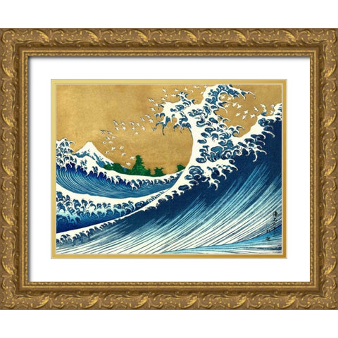 The Big Wave-from 100 views of Mt. Fuji Gold Ornate Wood Framed Art Print with Double Matting by Hokusai