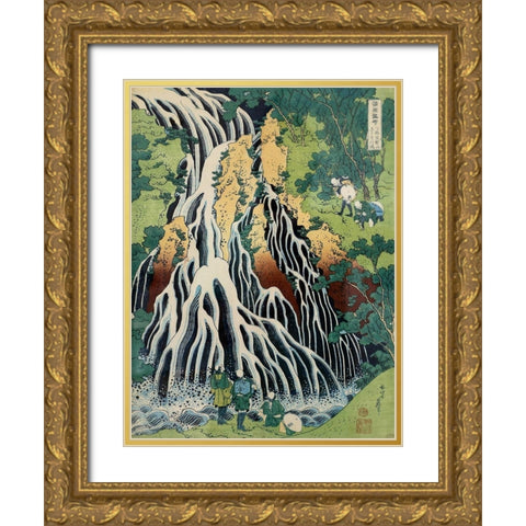 Kirifuki-No-Taki Waterfall Gold Ornate Wood Framed Art Print with Double Matting by Hokusai, Katsushika