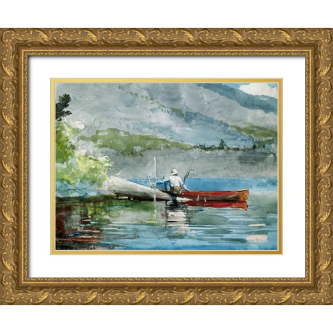 The Red Canoe  Gold Ornate Wood Framed Art Print with Double Matting by Homer, Winslow