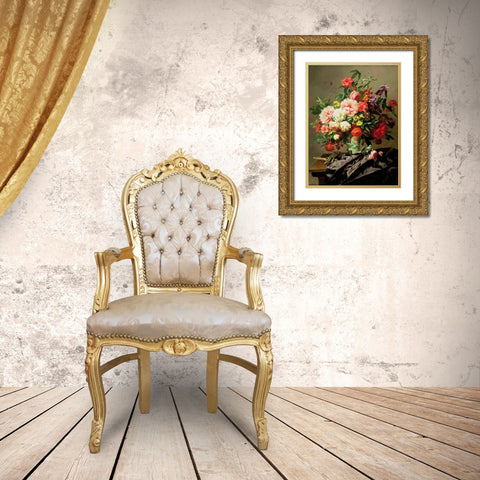Peonies Poppies and Roses Gold Ornate Wood Framed Art Print with Double Matting by Robbe, Henri