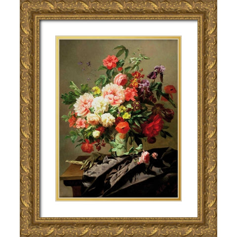 Peonies Poppies and Roses Gold Ornate Wood Framed Art Print with Double Matting by Robbe, Henri