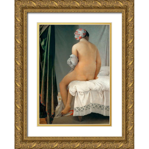 La Baigneuse Valpincon Gold Ornate Wood Framed Art Print with Double Matting by Ingres, Jean-Auguste-Dominique