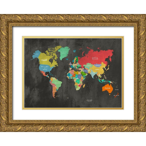 Modern Map of the World - Chalkboard Gold Ornate Wood Framed Art Print with Double Matting by Joannoo