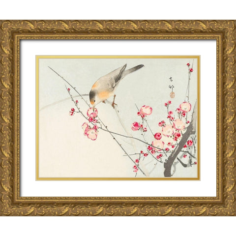 Songbird on blossom Branch Gold Ornate Wood Framed Art Print with Double Matting by Koson, Ohara