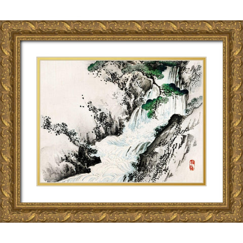 Waterfall Gold Ornate Wood Framed Art Print with Double Matting by Bairei, Kono