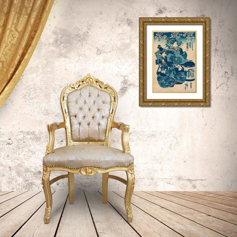 Tamaya uchi Usugumo Gold Ornate Wood Framed Art Print with Double Matting by Kuniyoshi, Utagawa