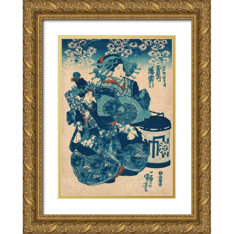 Tamaya uchi Usugumo Gold Ornate Wood Framed Art Print with Double Matting by Kuniyoshi, Utagawa