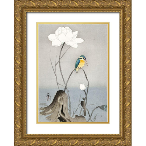 Kingfisher with Lotus Flower Gold Ornate Wood Framed Art Print with Double Matting by Koson, Ohara