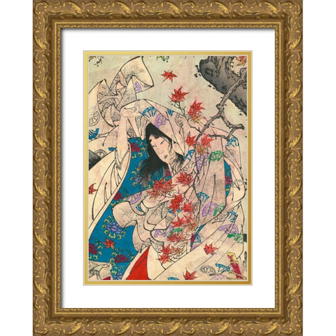Maple leaf gathering Gold Ornate Wood Framed Art Print with Double Matting by Yoshitoshi, Tsukioka