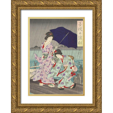 Between the banks of the Sumida Bokutei II Gold Ornate Wood Framed Art Print with Double Matting by Chikanobu, Yoshu (Hashimoto)
