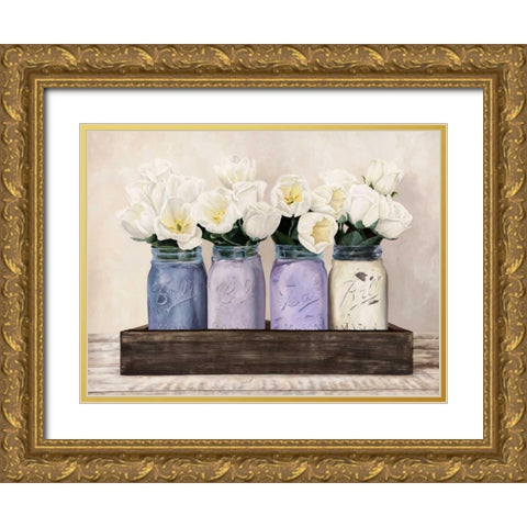 Tulips in Mason Jars Gold Ornate Wood Framed Art Print with Double Matting by Thomlinson, Jenny