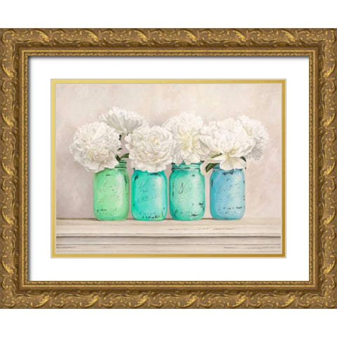 Peonies in Mason Jars Gold Ornate Wood Framed Art Print with Double Matting by Thomlinson, Jenny