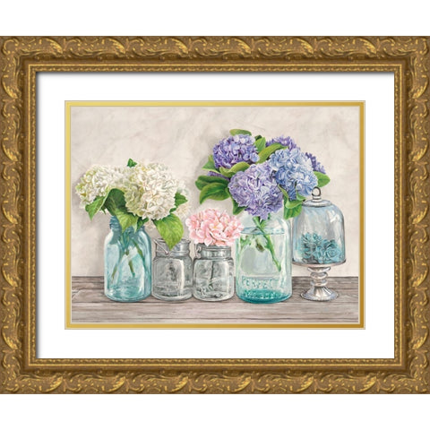 Flowers in Mason Jars (detail) Gold Ornate Wood Framed Art Print with Double Matting by Jenny, Thomlinson