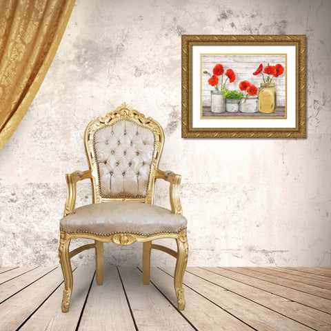 Poppies in Mason Jars (detail) Gold Ornate Wood Framed Art Print with Double Matting by Jenny, Thomlinson