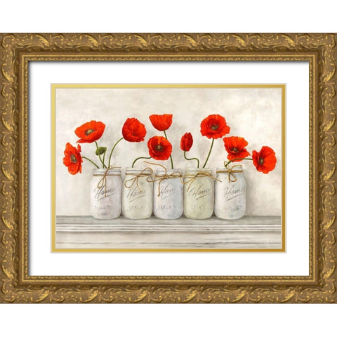 Red Poppies in Mason Jars Gold Ornate Wood Framed Art Print with Double Matting by Jenny, Thomlinson