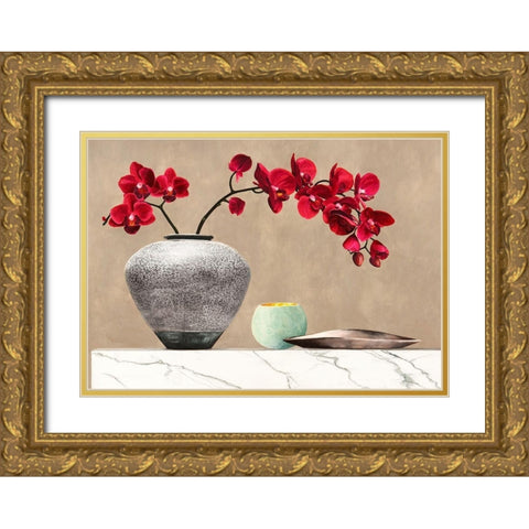 Red Orchids on White Marble (detail) Gold Ornate Wood Framed Art Print with Double Matting by Thomlinson, Jenny