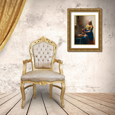 The Milkmaid - detail Gold Ornate Wood Framed Art Print with Double Matting by Vermeer, Jan