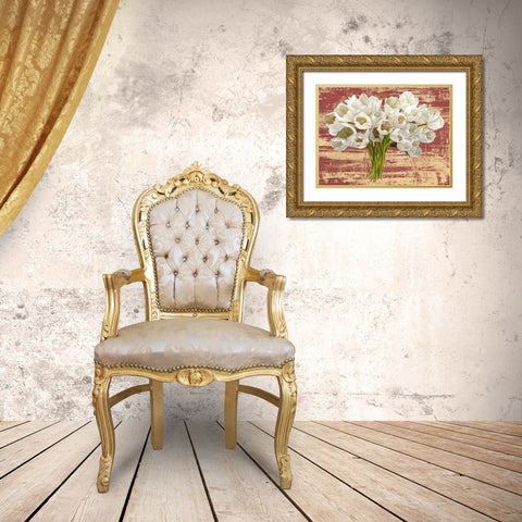 Washed Tulips (Red and Gold) Gold Ornate Wood Framed Art Print with Double Matting by Sanna, Leonardo