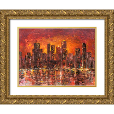 Sunset in New York Gold Ornate Wood Framed Art Print with Double Matting by Florio, Luigi