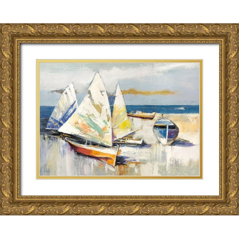 Barche sulla spiaggia Gold Ornate Wood Framed Art Print with Double Matting by Luigi, Florio