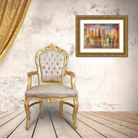 Vele a New York Gold Ornate Wood Framed Art Print with Double Matting by Florio, Luigi