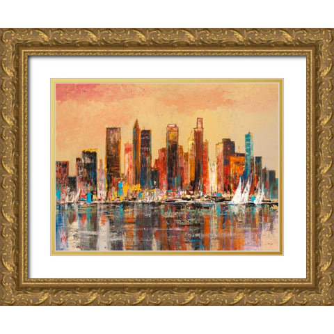 Baia di New York Gold Ornate Wood Framed Art Print with Double Matting by Florio, Luigi