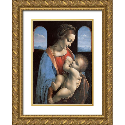 Madonna and Child (Madonna Litta) Gold Ornate Wood Framed Art Print with Double Matting by Leonardo, da Vinci