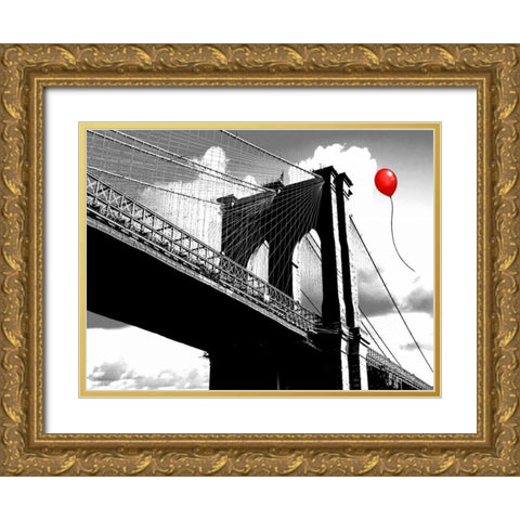 Balloon over Brooklyn Bridge Gold Ornate Wood Framed Art Print with Double Matting by Masterfunk collective