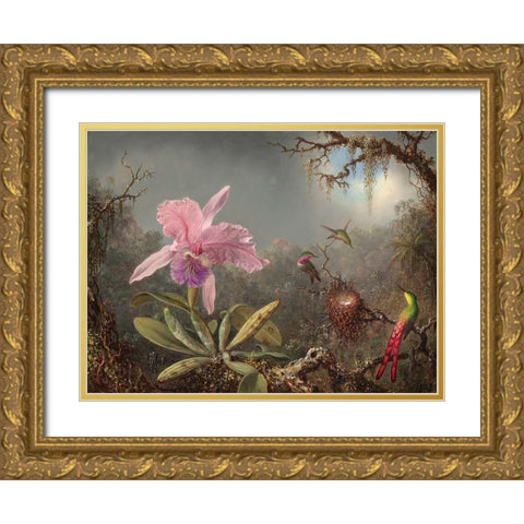 Cattleya orchid and three hummingbirds Gold Ornate Wood Framed Art Print with Double Matting by Heade, Martin Johnson